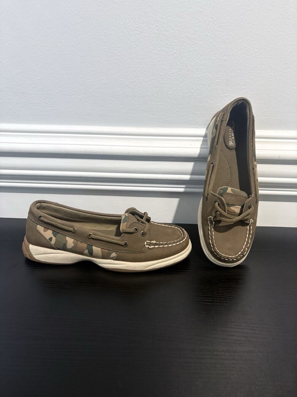 Sperry Top Sider Women's Brown Green Camo Leather Upper Lace Up Boat Shoes, Sz 7